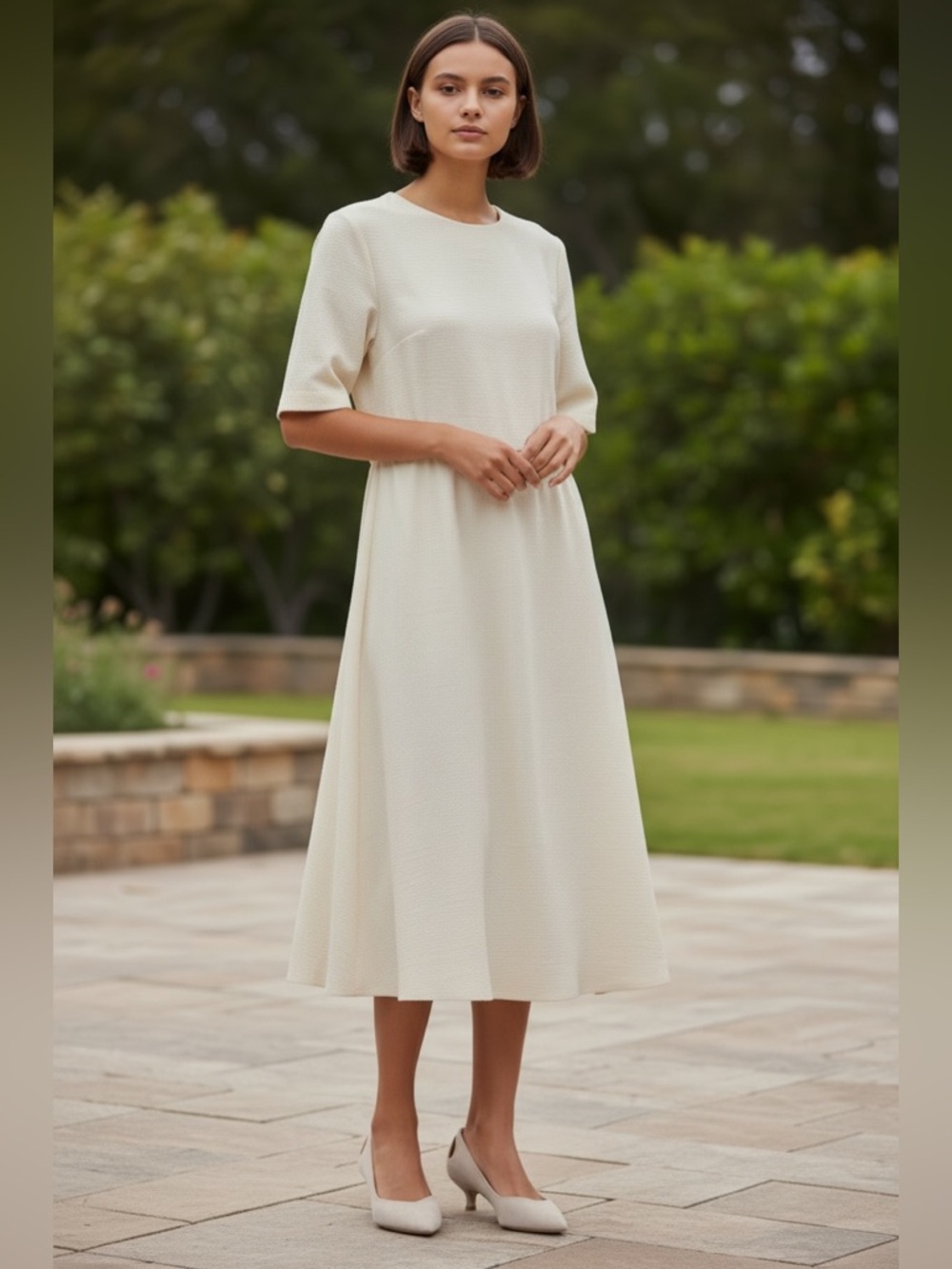 🌼💚NIB JOURNEE COLLECTION Elegant Cream Midi Dress with KITTY HEEL SIZE 9.